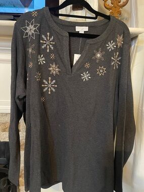 J Jill Embellished Charcoal Long-Sleeve Snowflake V-Neck Women's Top- XL NWT